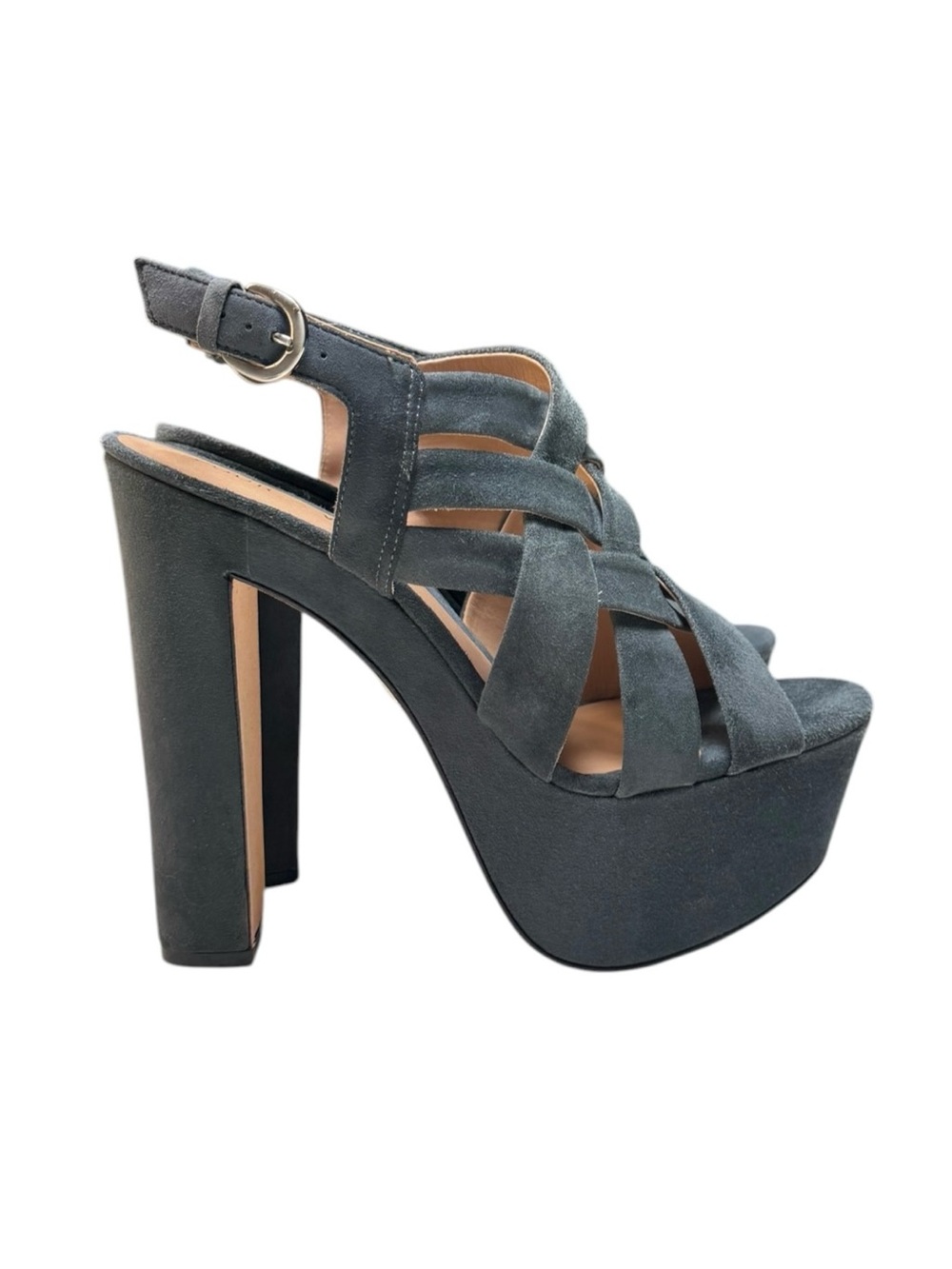 POUR LA VICTOIRE Women's Blue Gray Kid Suede Platform Heels Sandals Size 9.5
